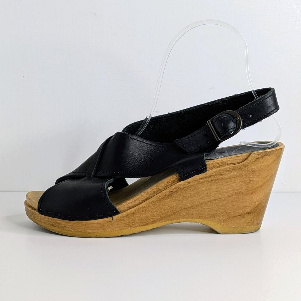 No. 6 Wedge Slingback Sandals 39 Black Leather Crossover Wood Platform Swedish